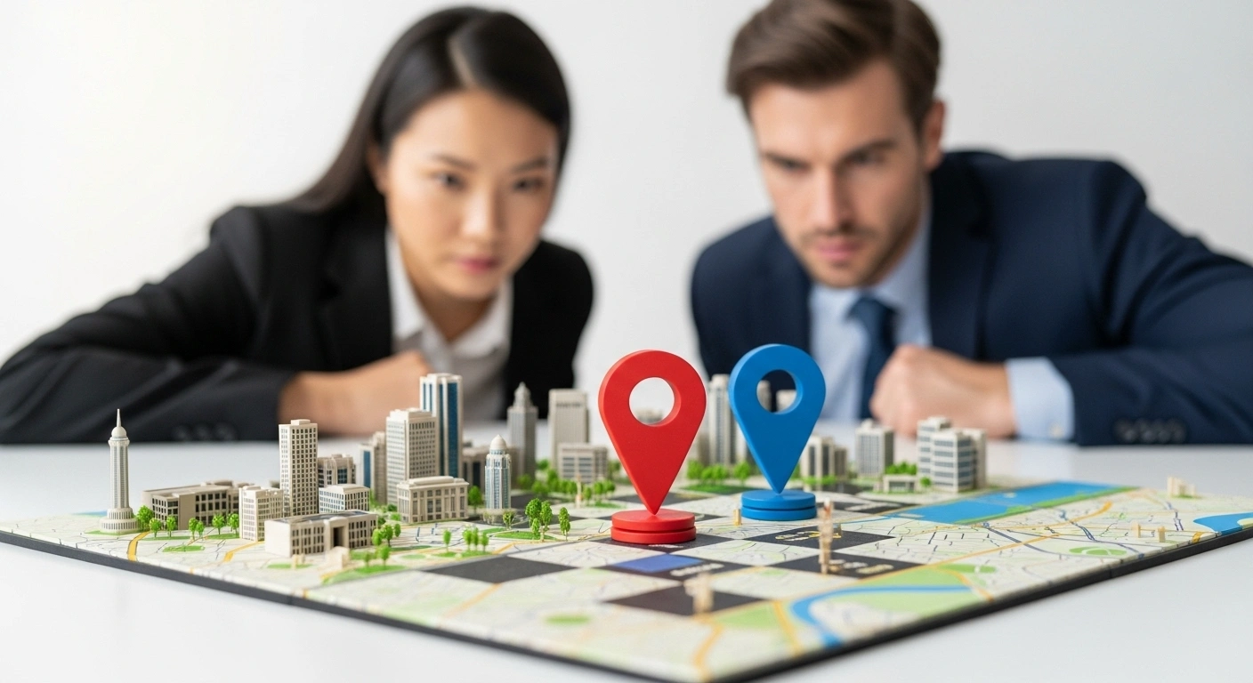 Deux punaises de localisation sur une carte, l'une dépassant l'autre, symbolisant la compétition sur Google Maps.