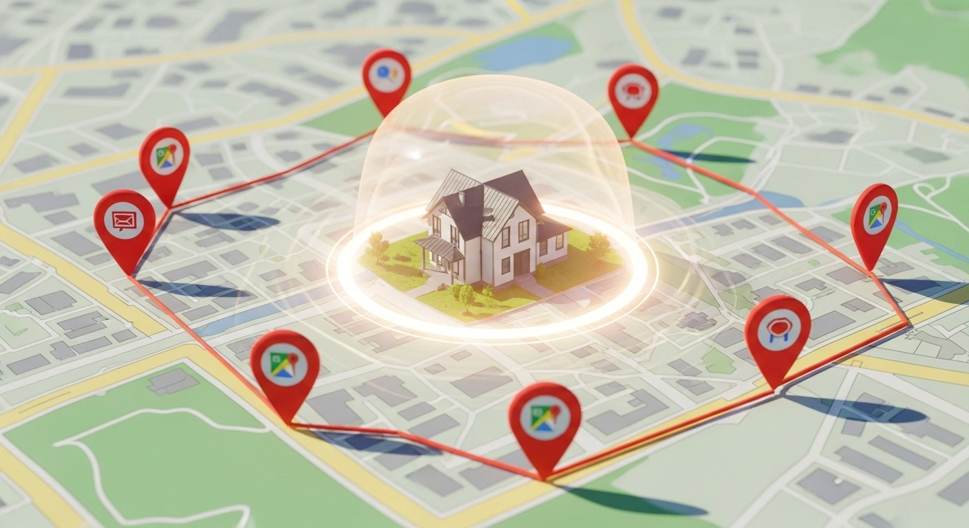 Maison protégée par une bulle de confidentialité avec une zone de service Google Maps à l'extérieur.