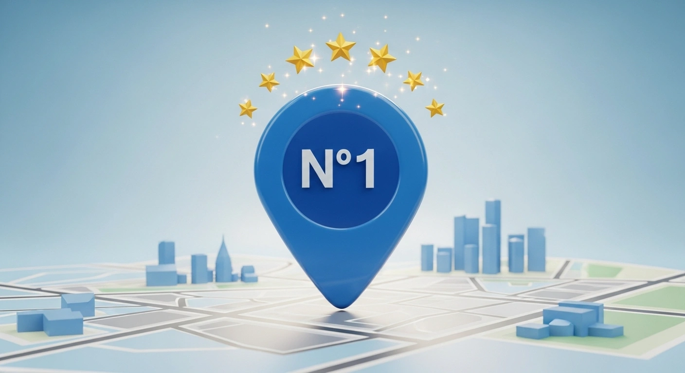 Loupe pointant sur un cabinet bien classé dans les résultats de recherche Google Maps