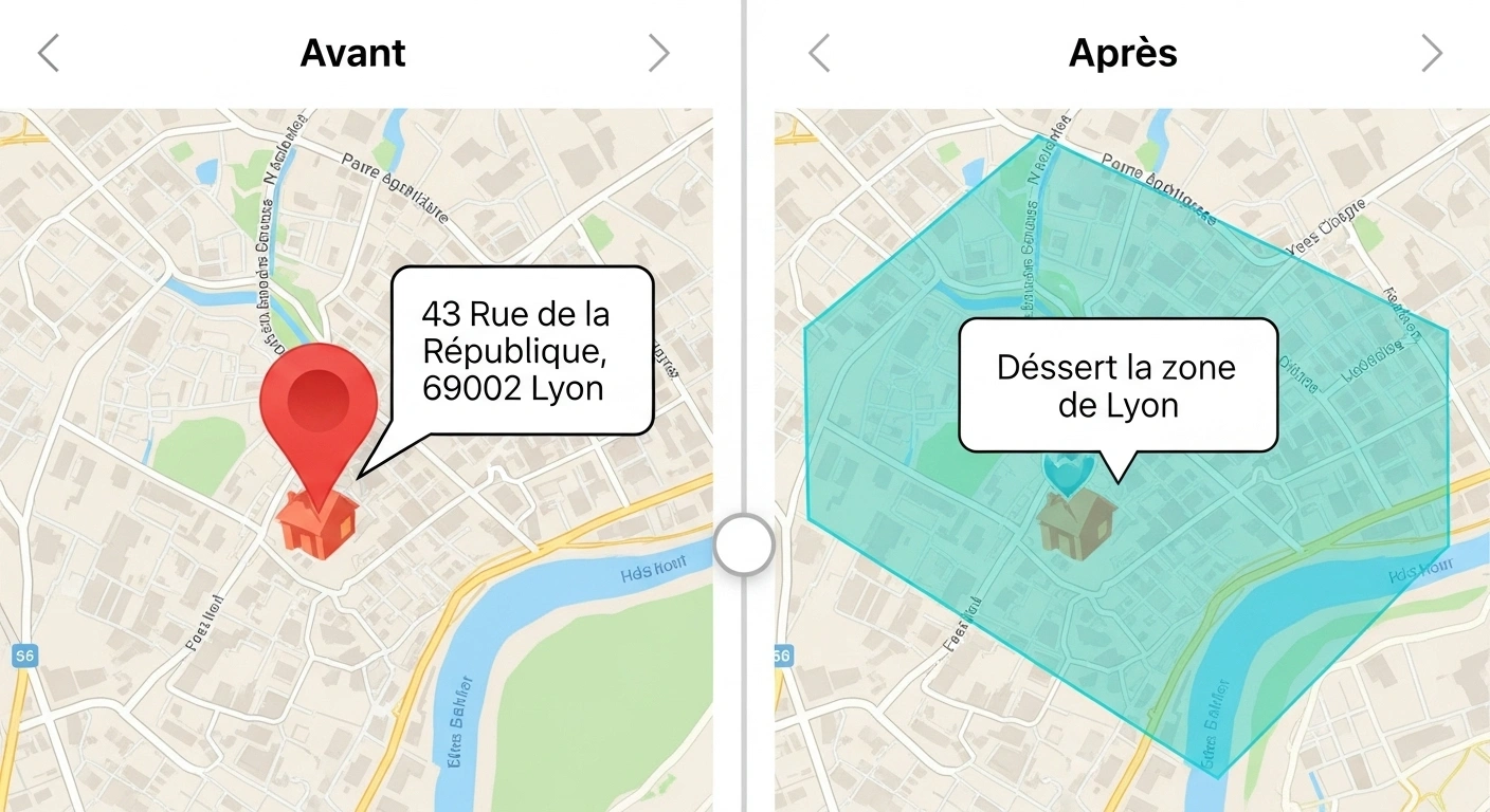 Comparaison entre une punaise de localisation sur un lieu et une zone de service délimitée sur une carte.