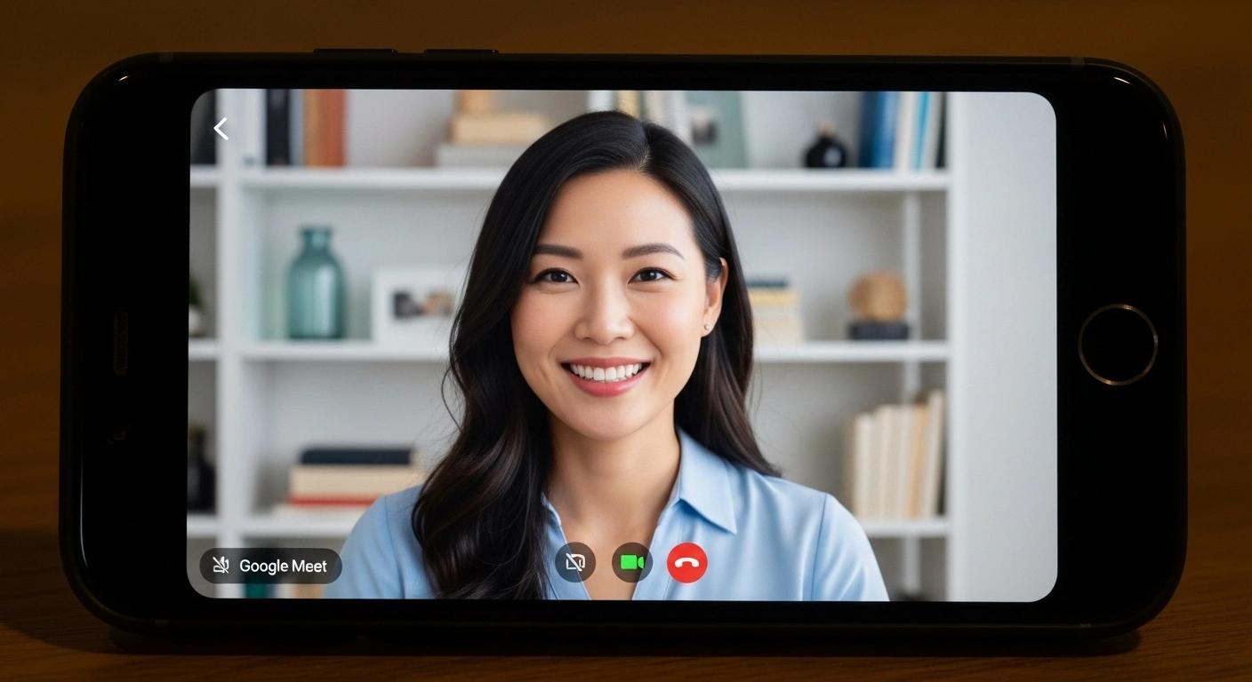 Exemple d'un cadrage professionnel lors d'un appel vidéo Google Meet sur mobile.