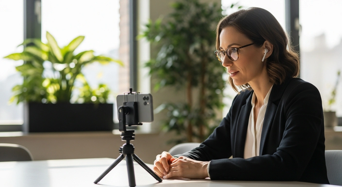 Coach professionnel utilisant Google Meet sur son smartphone stabilisé sur un mini-trépied dans un espace de coworking.