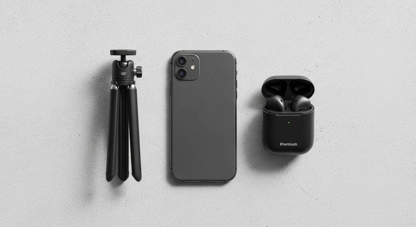 Kit de préparation pour un appel Google Meet nomade : smartphone, mini-trépied et écouteurs.