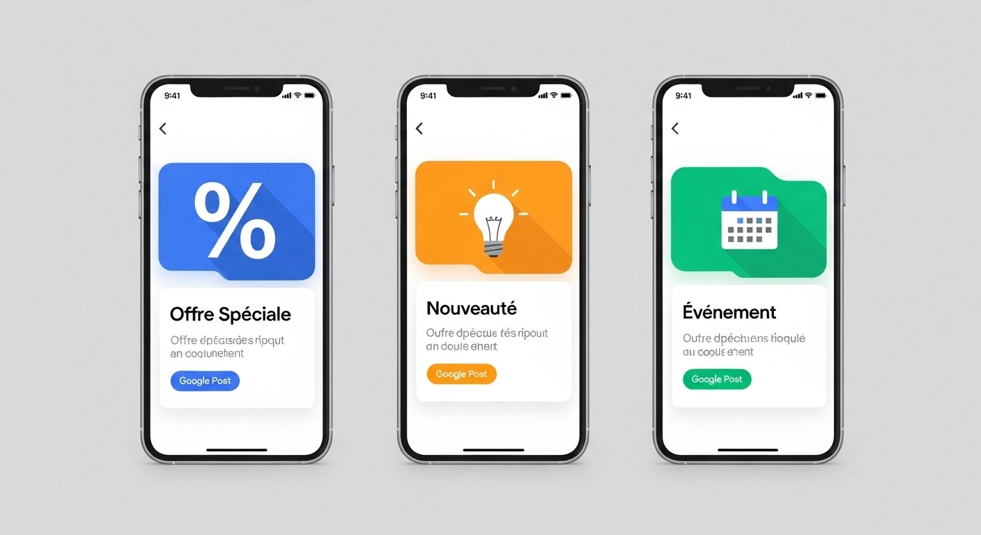 Montage des trois types de Google Posts : Offre, Nouveauté, et Événement.