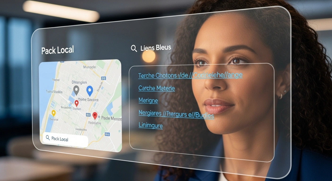 Capture d'écran d'une page de résultats Google montrant la différence entre le Pack Local et les résultats organiques.