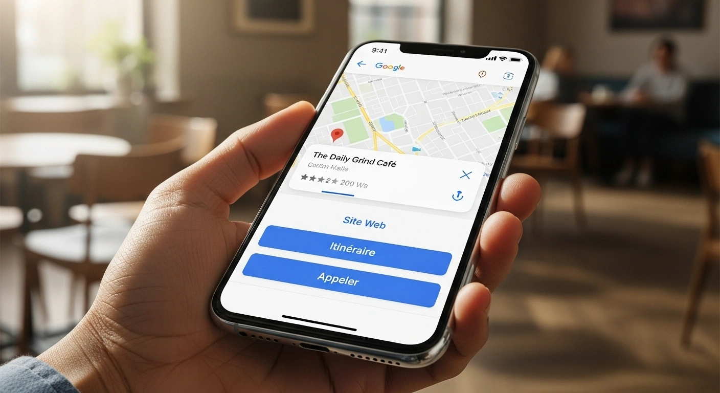 Boutons d'interaction sur une fiche Google Business : Site Web, Itinéraire, Appeler.
