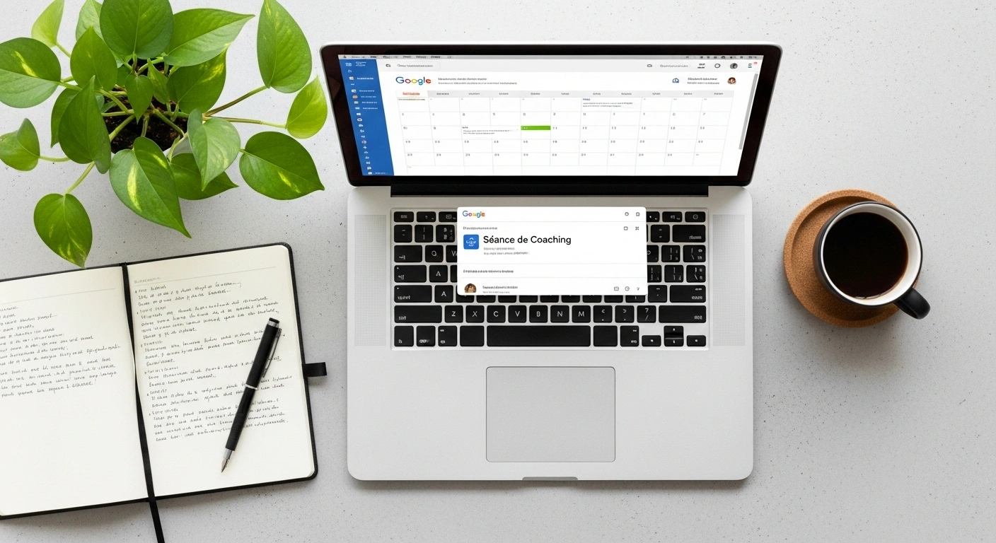 Écran d'ordinateur affichant une invitation Google Calendar, symbolisant une organisation sereine.
