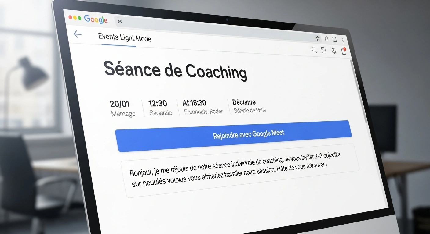 Capture d'écran d'une invitation Google Calendar professionnelle et enrichie.