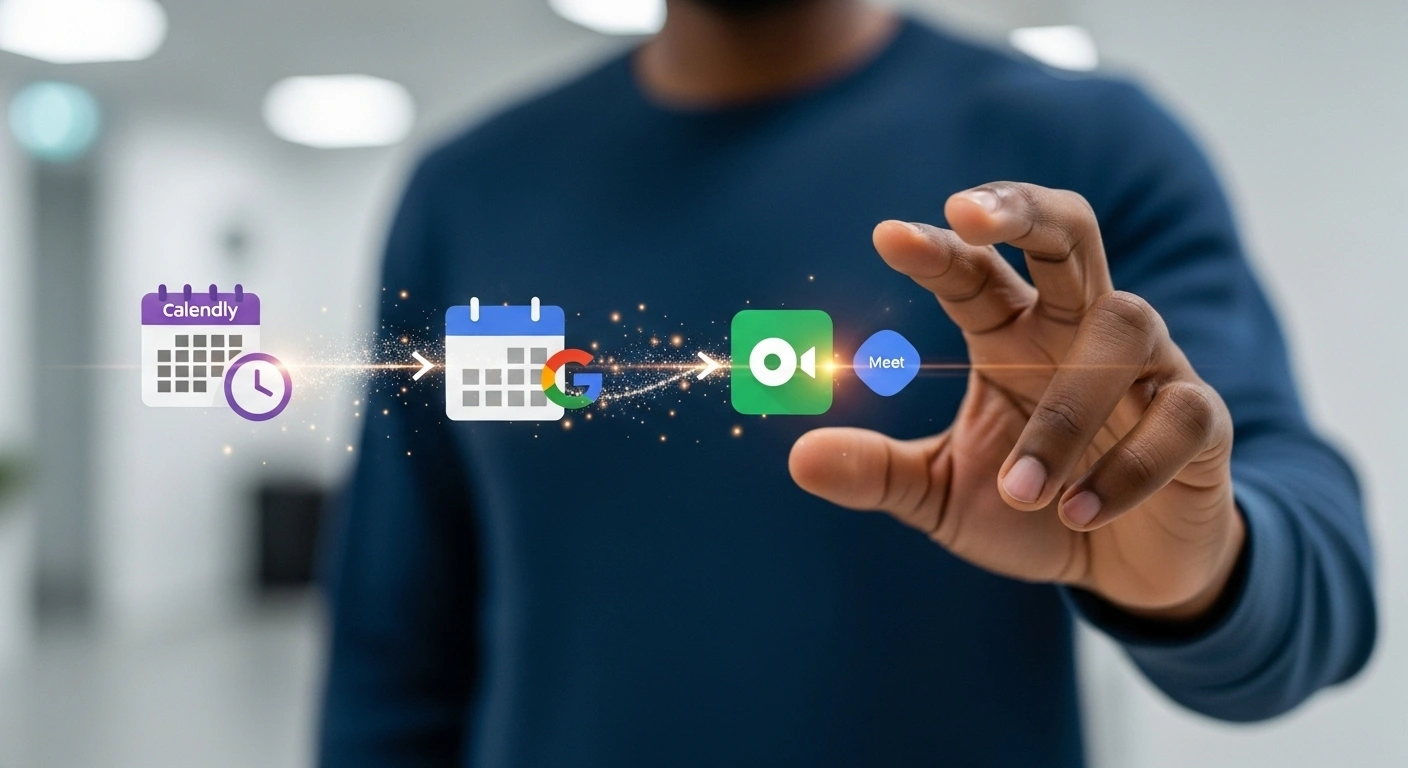 Logos de Calendly, Google Calendar et Google Meet connectés, illustrant le système automatisé.