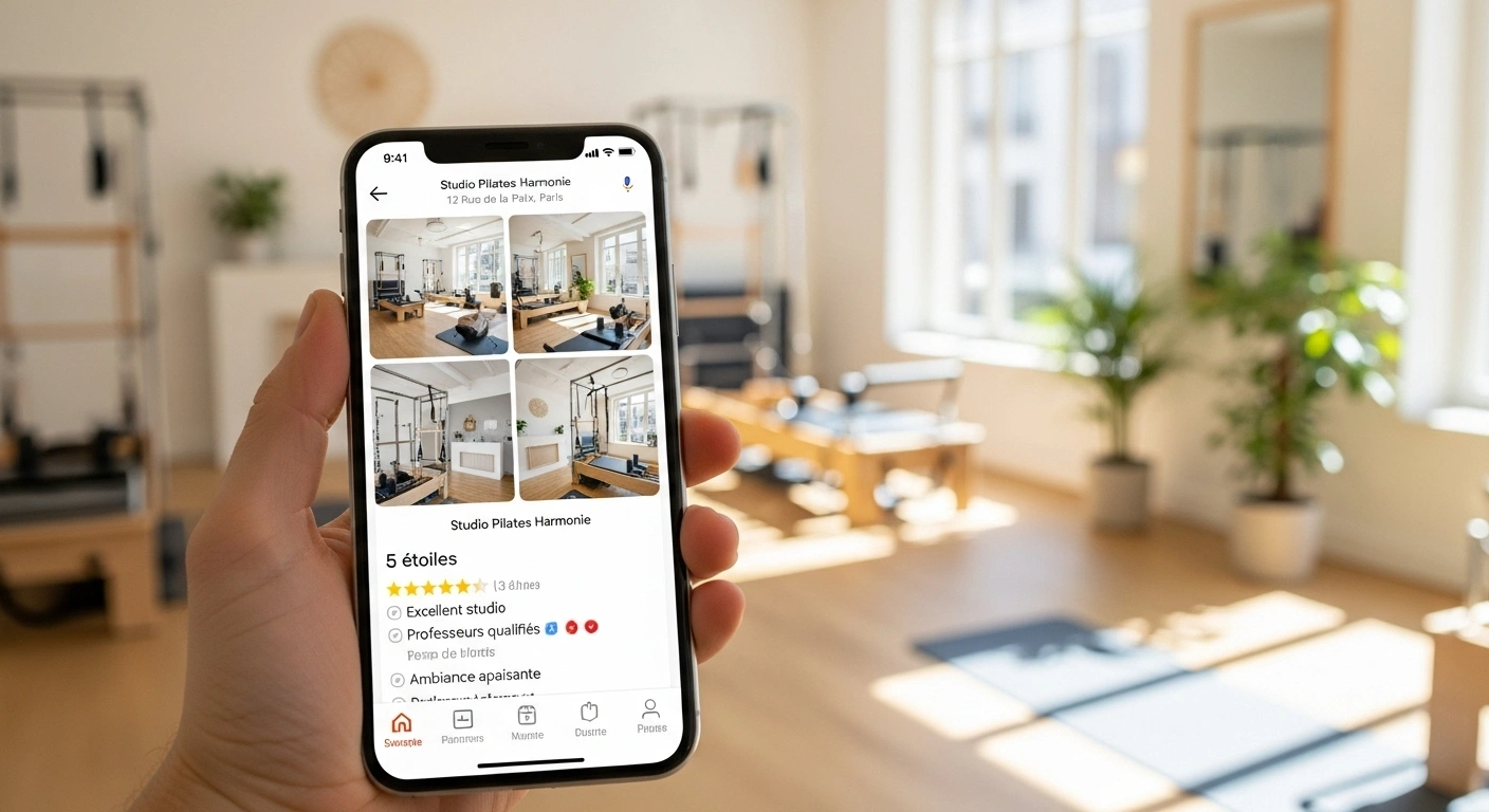 Fiche Google Business optimisée pour un studio de yoga sur un smartphone.
