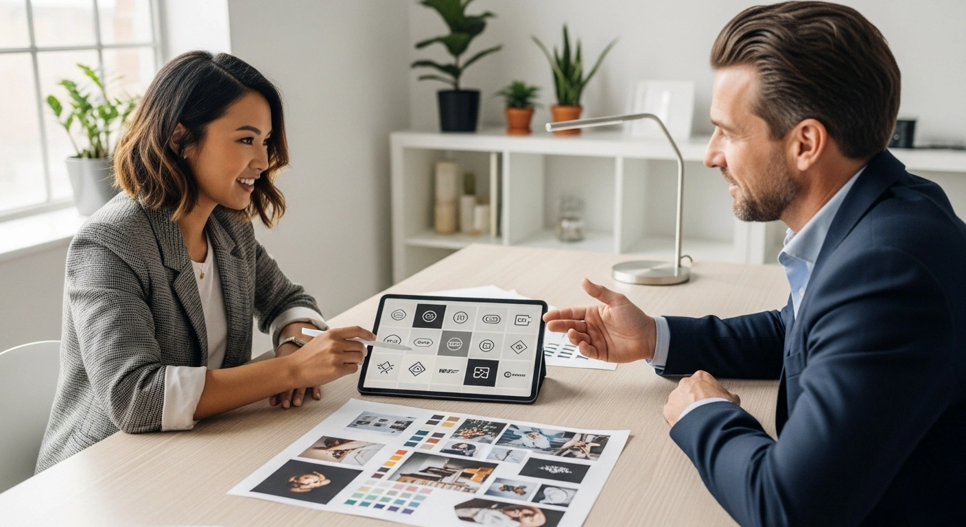 Graphiste professionnel travaillant sur une tablette avec des notes de stratégie pour la création d'un logo.