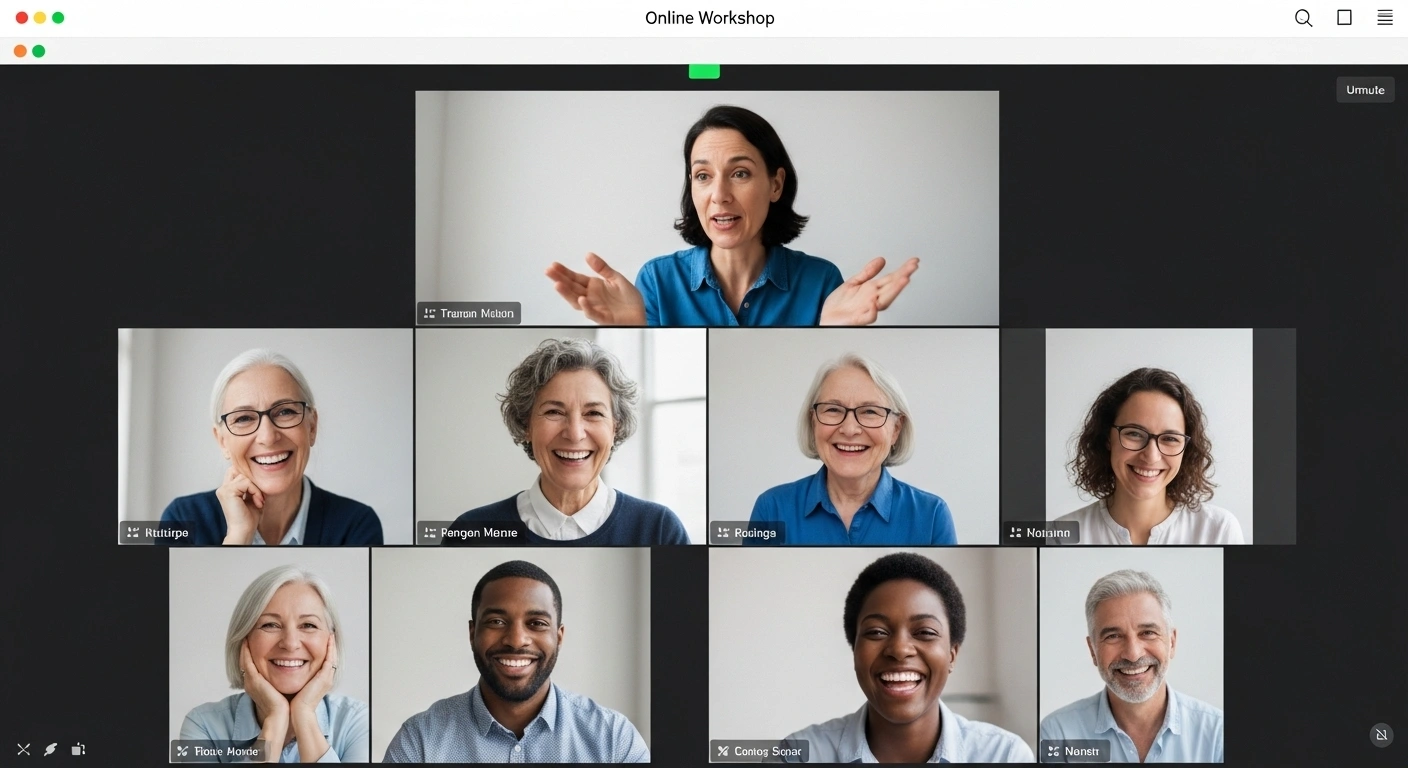 Groupe de personnes souriantes et engagées participant à un atelier en ligne.