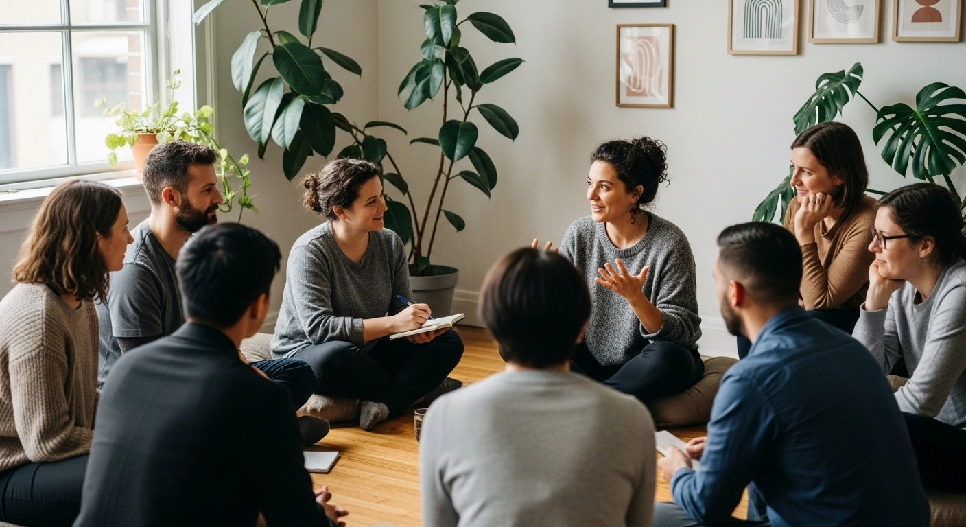 Illustration d'un groupe de personnes formant un cercle de confiance, symbolisant la tendance des communautés privées.