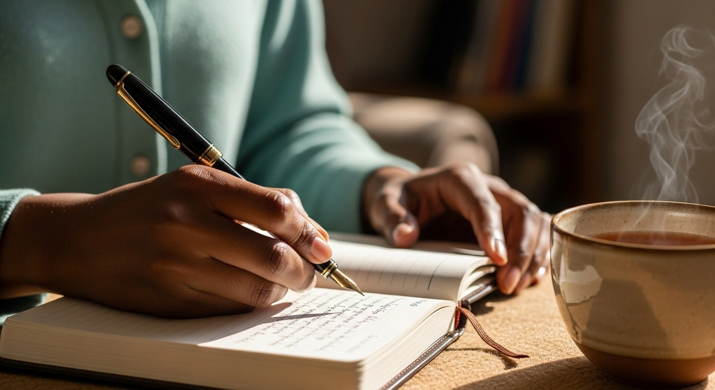 Personne écrivant son histoire dans un carnet, symbolisant l'authenticité