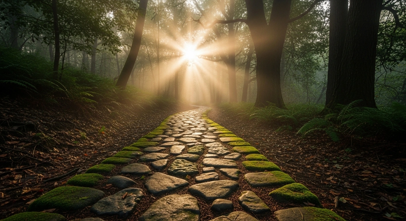 Un chemin qui serpente vers une lumière, symbolisant le parcours personnel et la vocation