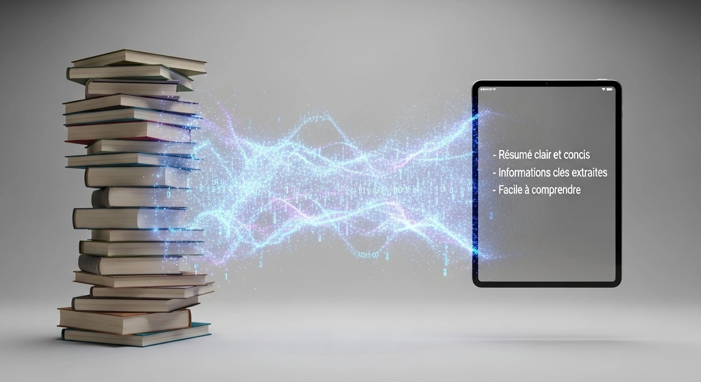 Une pile de livres transformée en un résumé clair par une IA, symbolisant le gain de temps