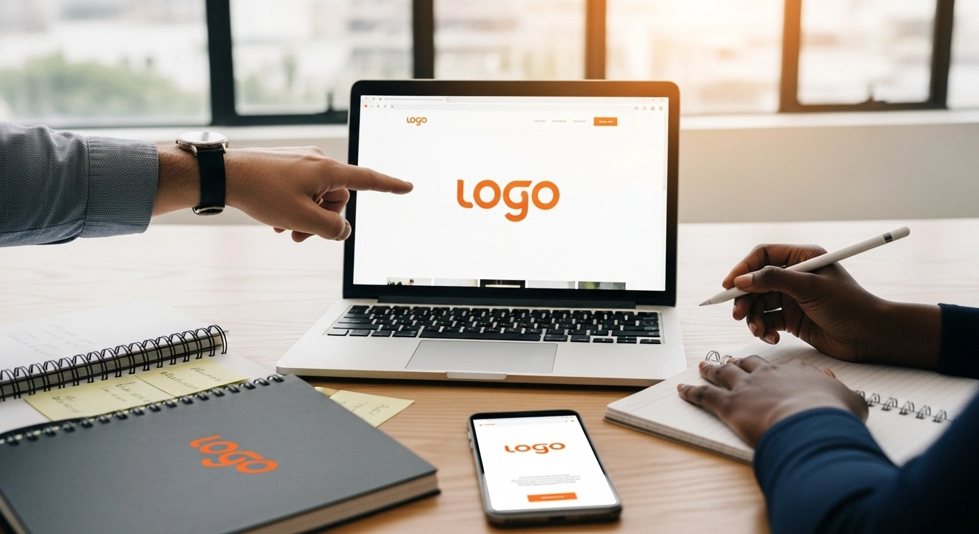 Exemple d'une identité de marque cohérente appliquée sur un site web, une carte de visite et un mug.