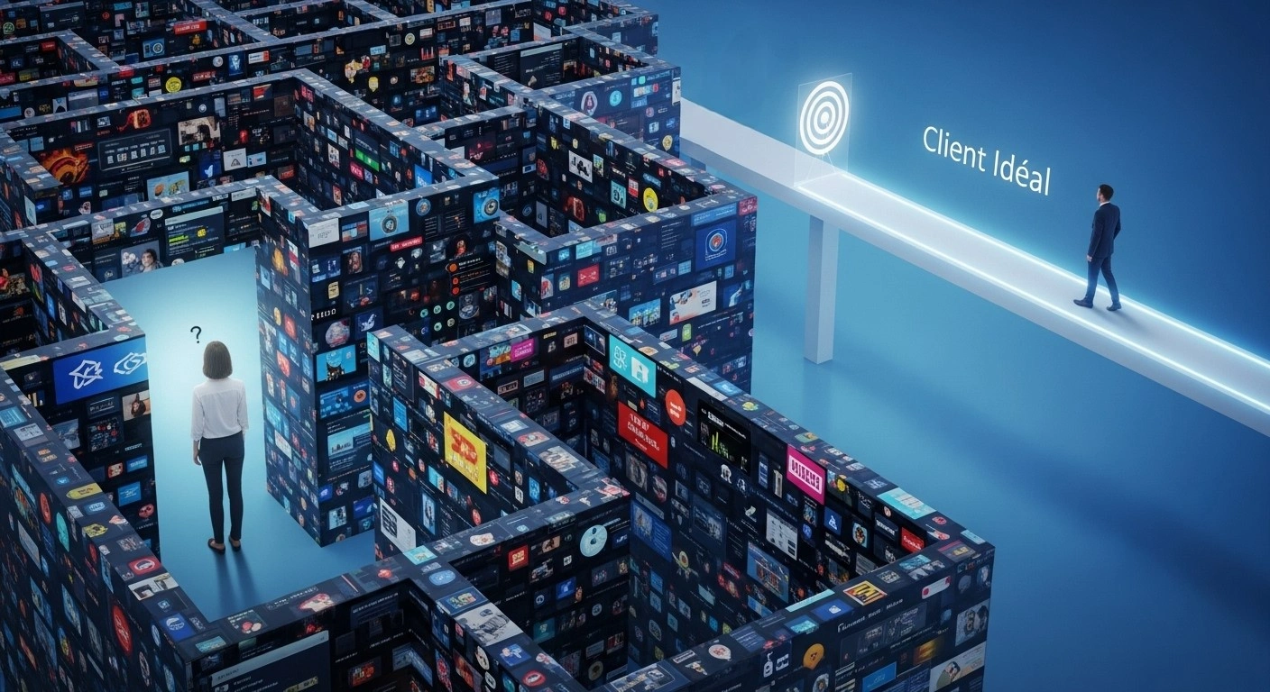 Un chemin clair et direct vers un objectif (site web) contrastant avec une route pleine de distractions (Instagram).