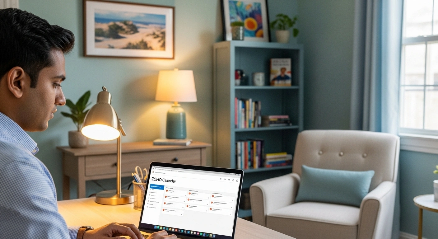 Interface de Zoho Mail sur un ordinateur portable, montrant une boîte de réception professionnelle et organisée.