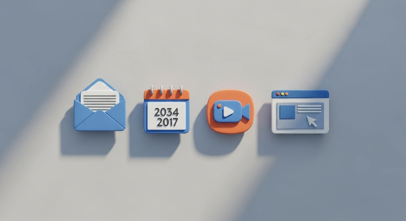 Boîte à outils digitale épurée avec quatre icônes : email, calendrier, caméra et site web.