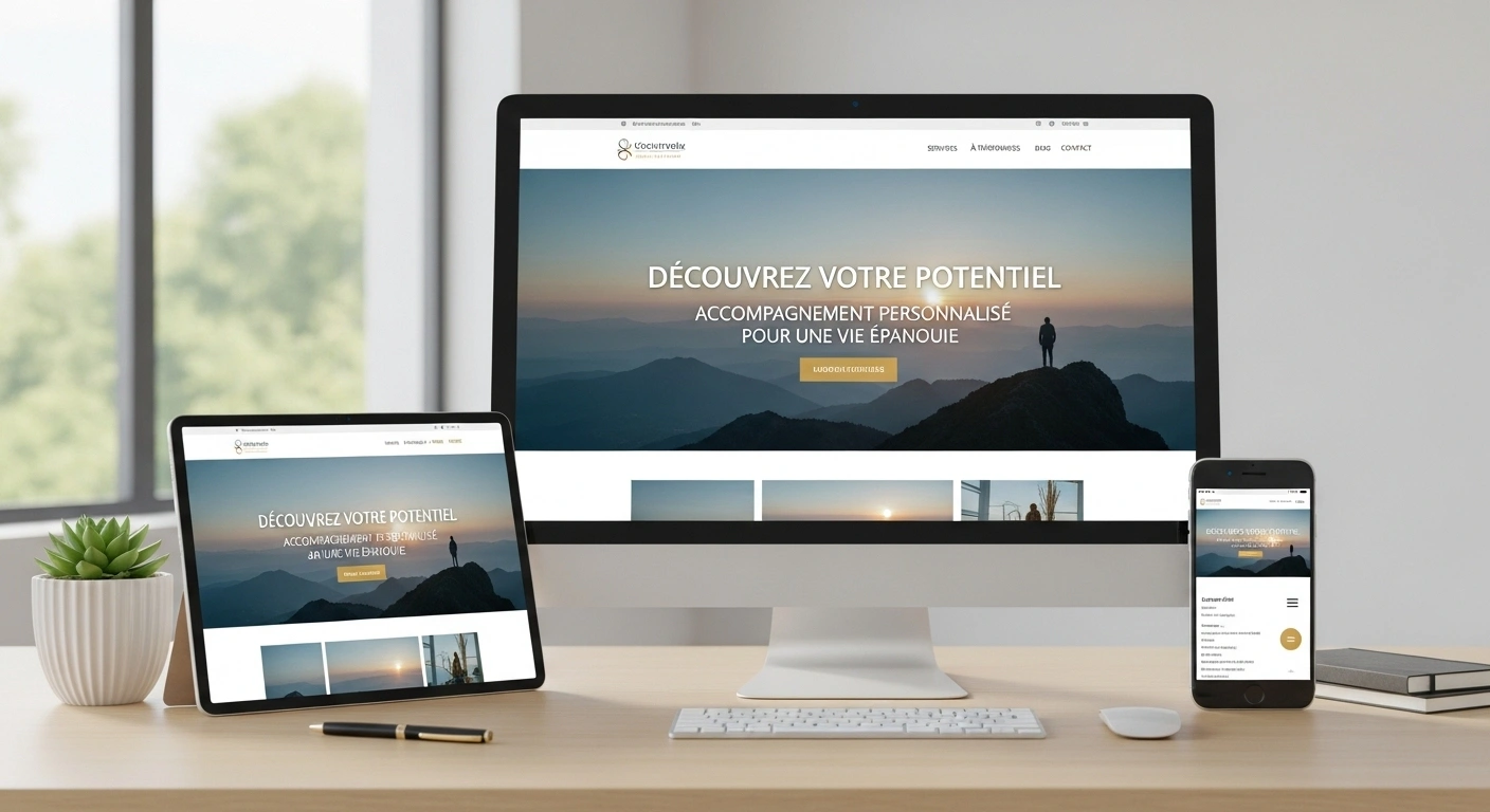 Illustration du lancement réussi d'un site web professionnel, symbolisant la dernière étape de la méthode Clarté.