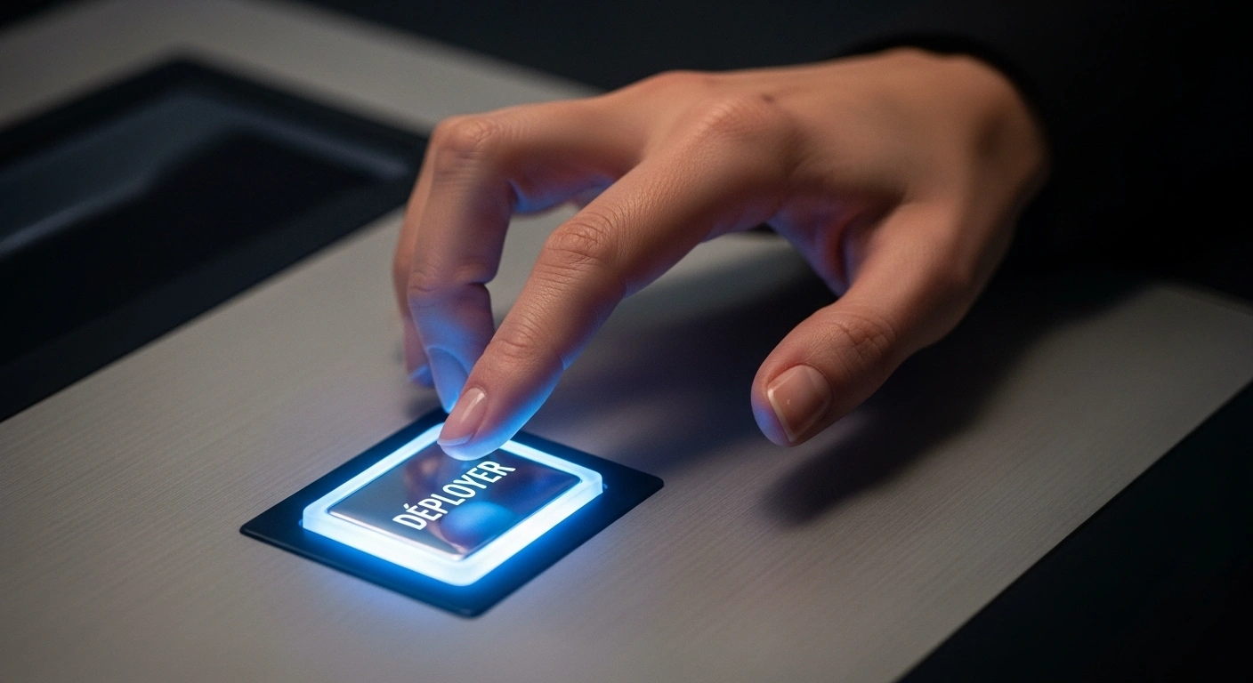 Main s'apprêtant à appuyer sur un interrupteur ON symbolisant une mise en ligne sereine