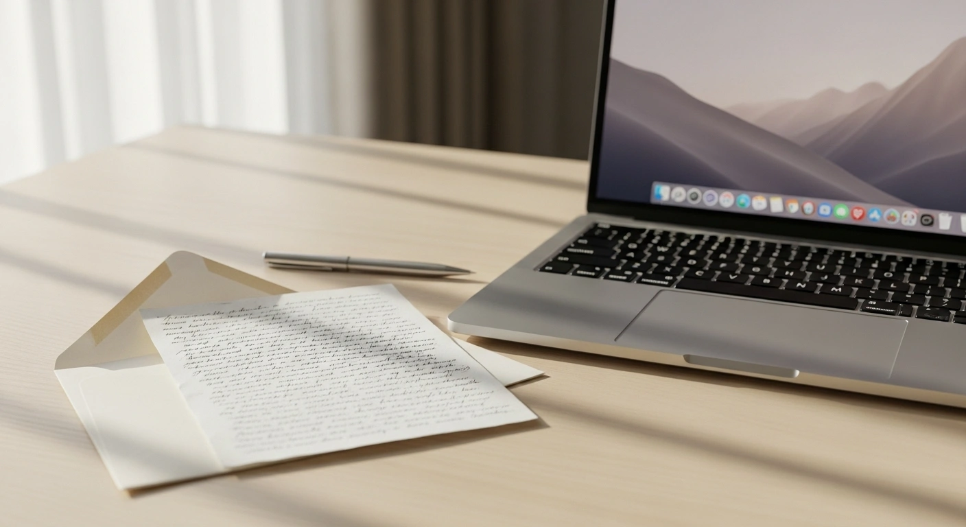 Lettre manuscrite sortant d'une enveloppe à côté d'un ordinateur, symbolisant l'authenticité dans l'emailing