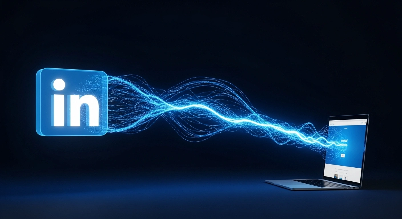 Illustration conceptuelle montrant l'icône LinkedIn faisant une passe à l'icône d'un site web qui marque un but.