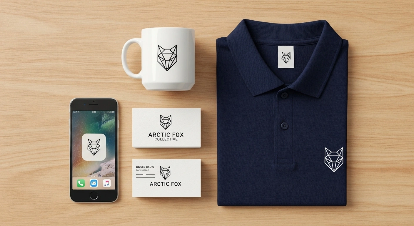 Un logo appliqué sur différents supports : carte de visite, t-shirt et icône d'application.