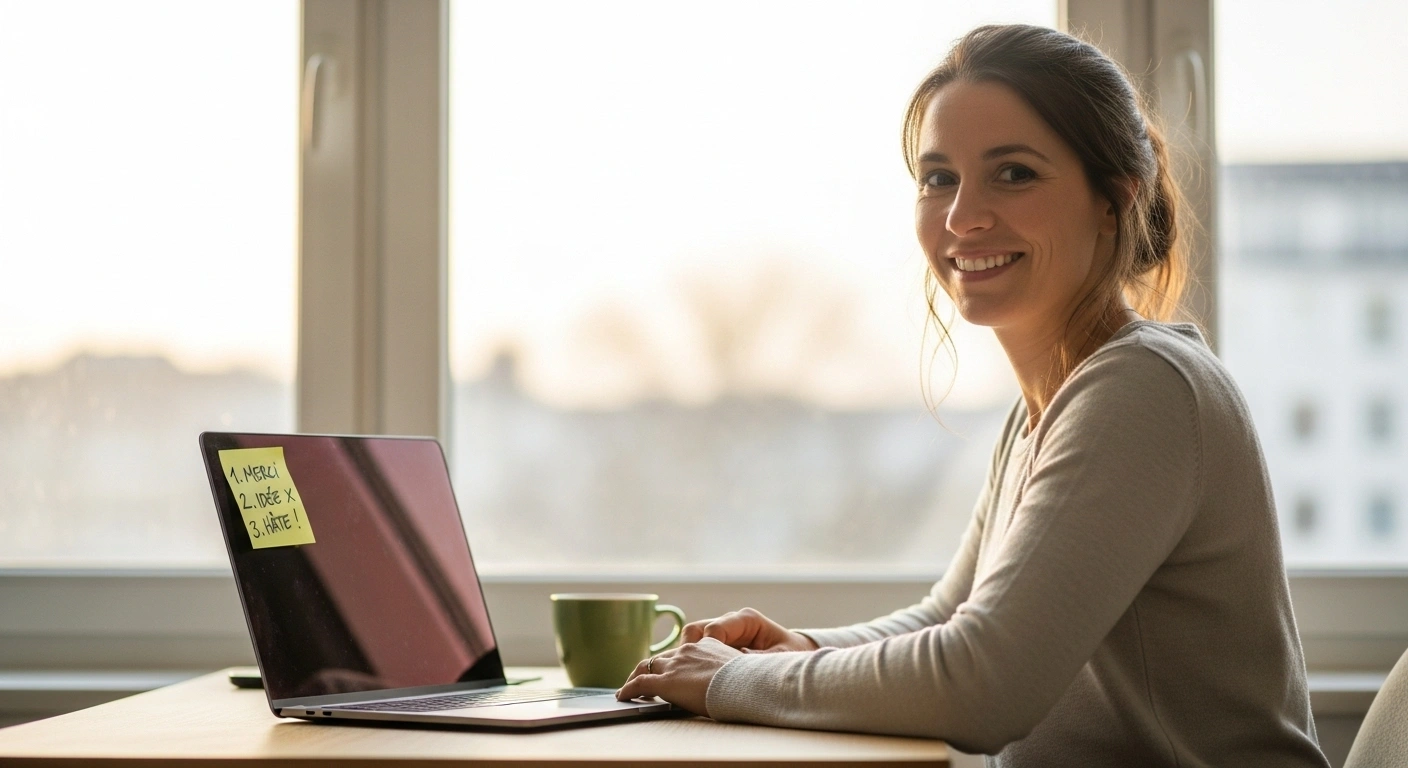 Personne souriante à son bureau préparant une vidéo Loom, symbolisant une approche simple et authentique.