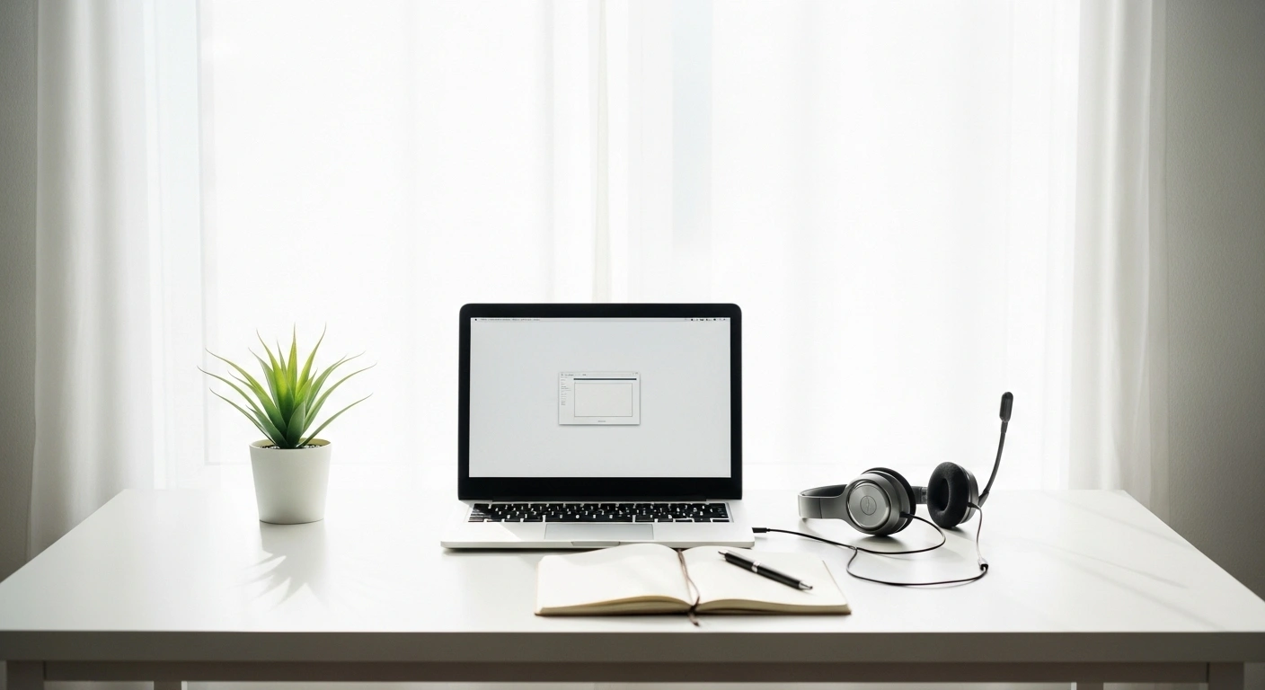 Bureau bien organisé face à une fenêtre avec un micro-casque, illustrant les astuces de lumière et de son.