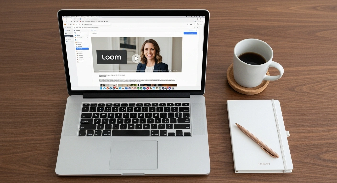 Email avec une vignette vidéo Loom sur un bureau à côté d'une tasse de café