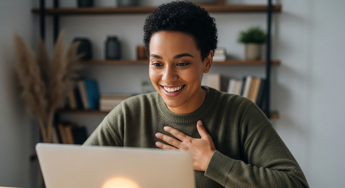 Personne ayant une réaction positive devant son ordinateur, symbolisant l'effet Waouh de Loom