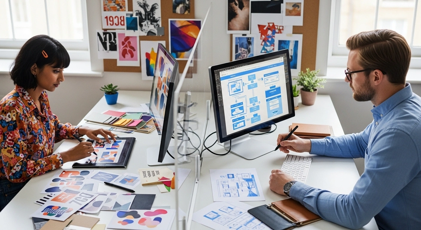 Contraste entre un dessin artistique complexe et un plan d'architecte clair et structuré.