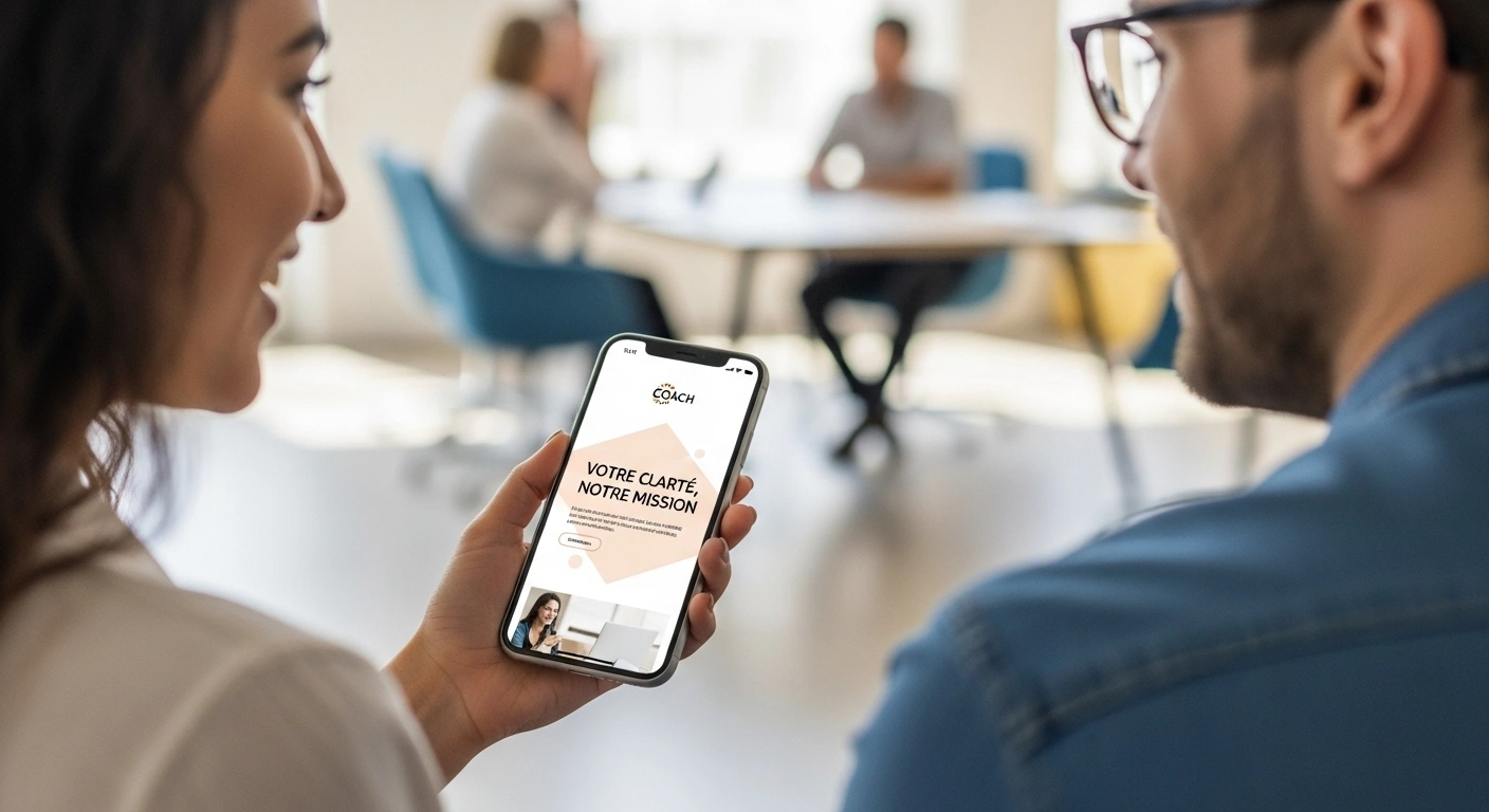 Main tendant un smartphone affichant un site web professionnel, symbolisant le partage facile.