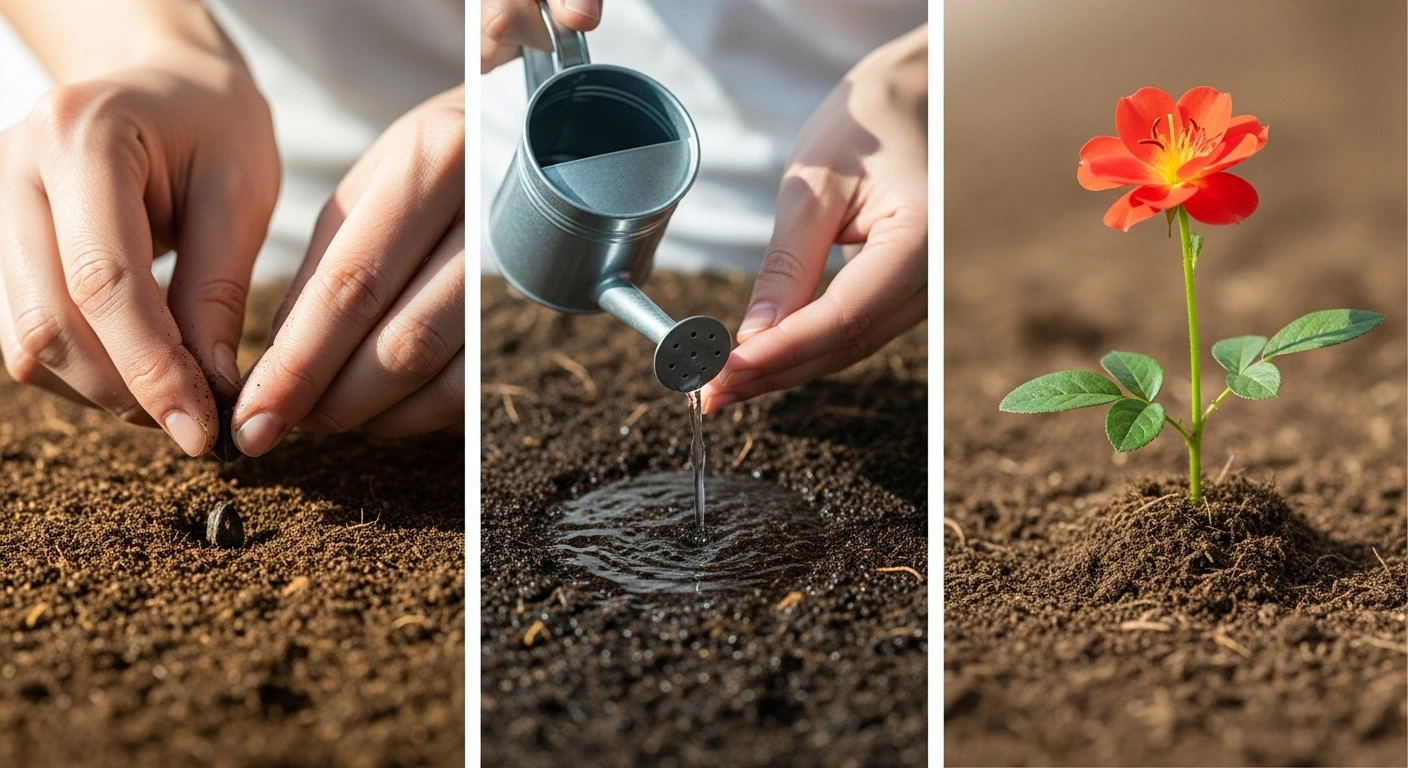 Processus en trois étapes symbolisé par une main qui plante, arrose, puis une fleur épanouie.