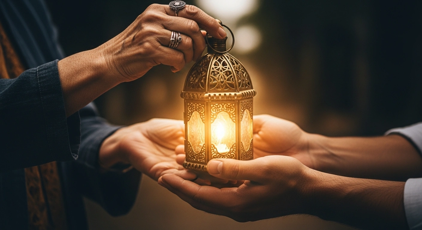 Une main tend une lanterne allumée à une autre main, symbolisant le guide et l'autonomie.