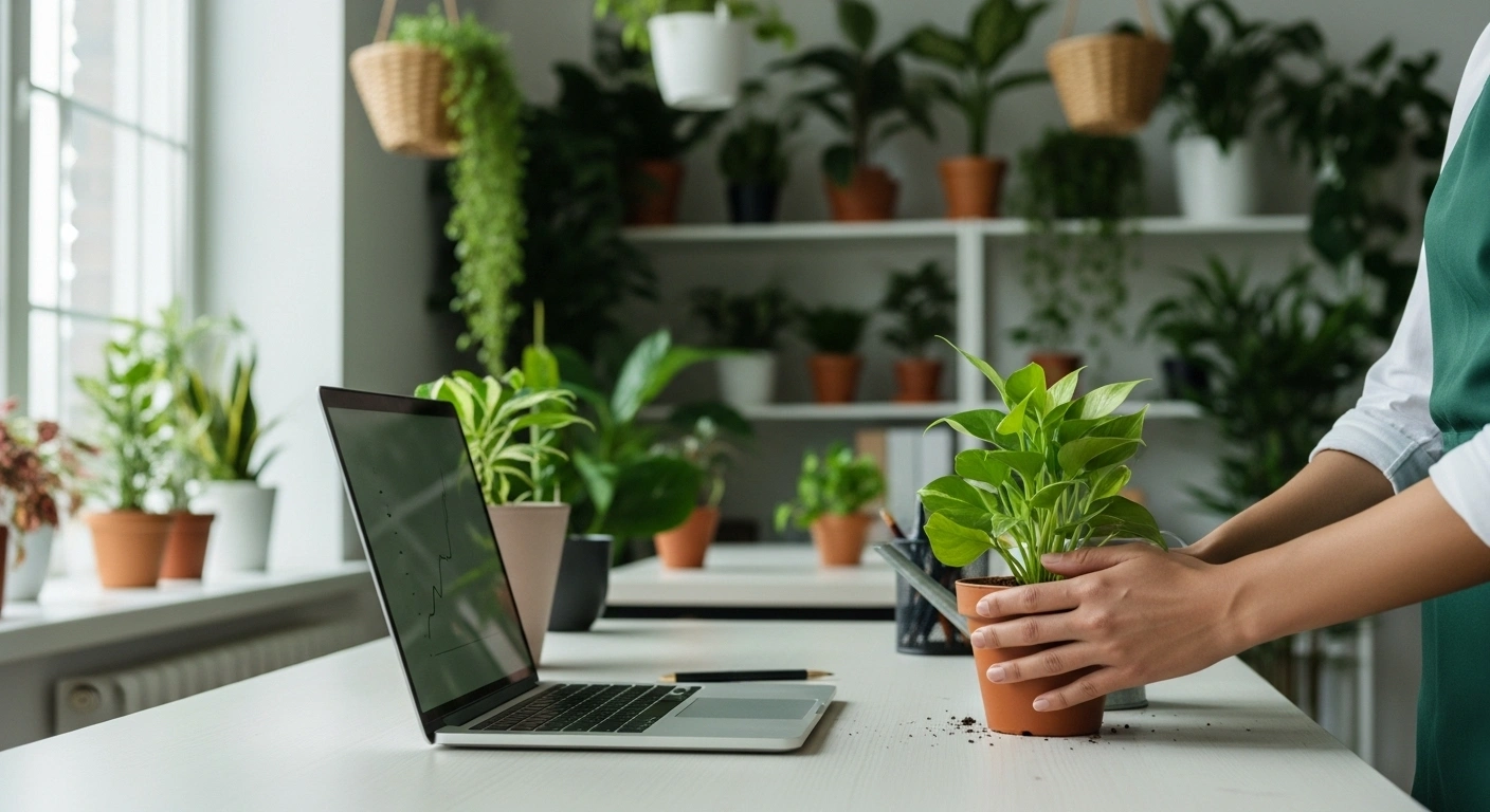 Une main tend une jeune pousse de plante à une autre, symbolisant la bienveillance et la croissance dans une relation client.