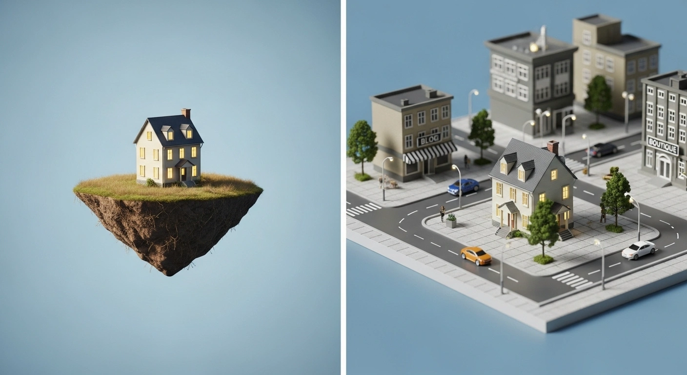 Comparaison entre un site livrable (maison isolée) et un site écosystème (maison intégrée dans un plan d'architecte)