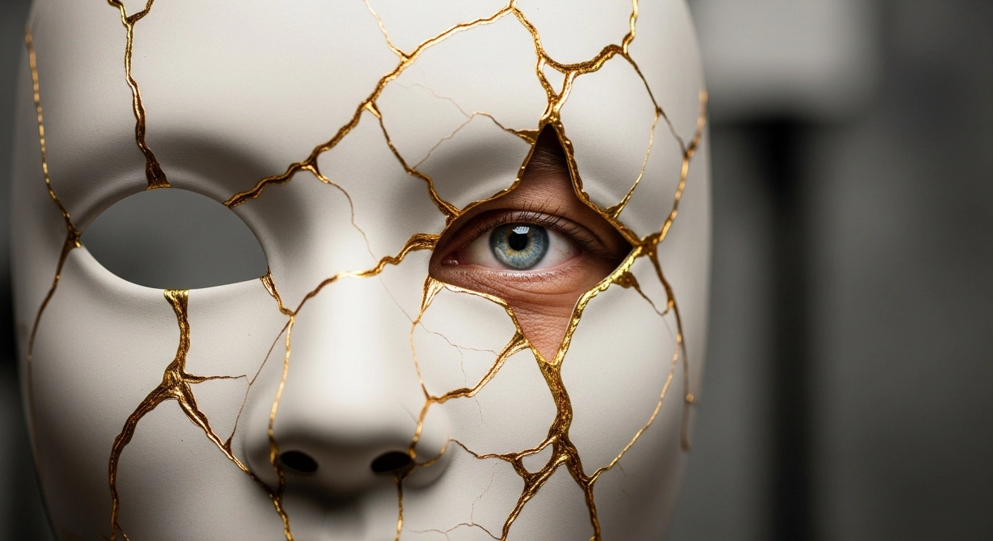 Masque de porcelaine fissuré révélant un visage humain, symbolisant la transparence radicale et l'authenticité du coach.