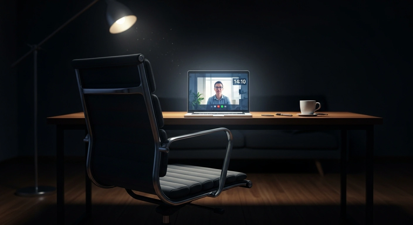 Chaise vide devant un ordinateur portable allumé, symbolisant un no-show à un rendez-vous en ligne.