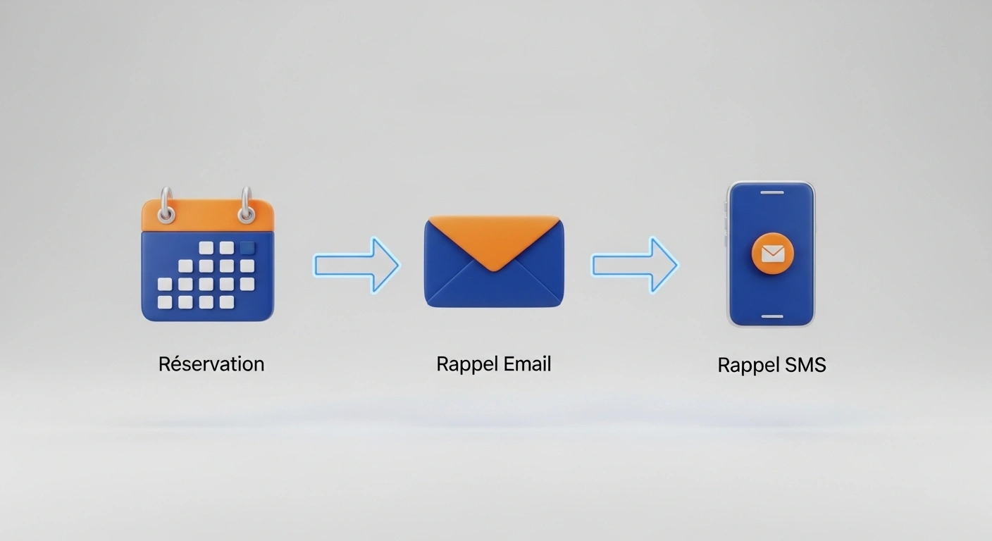 Diagramme montrant une séquence d'automatisation : réservation, email, rappel, SMS.