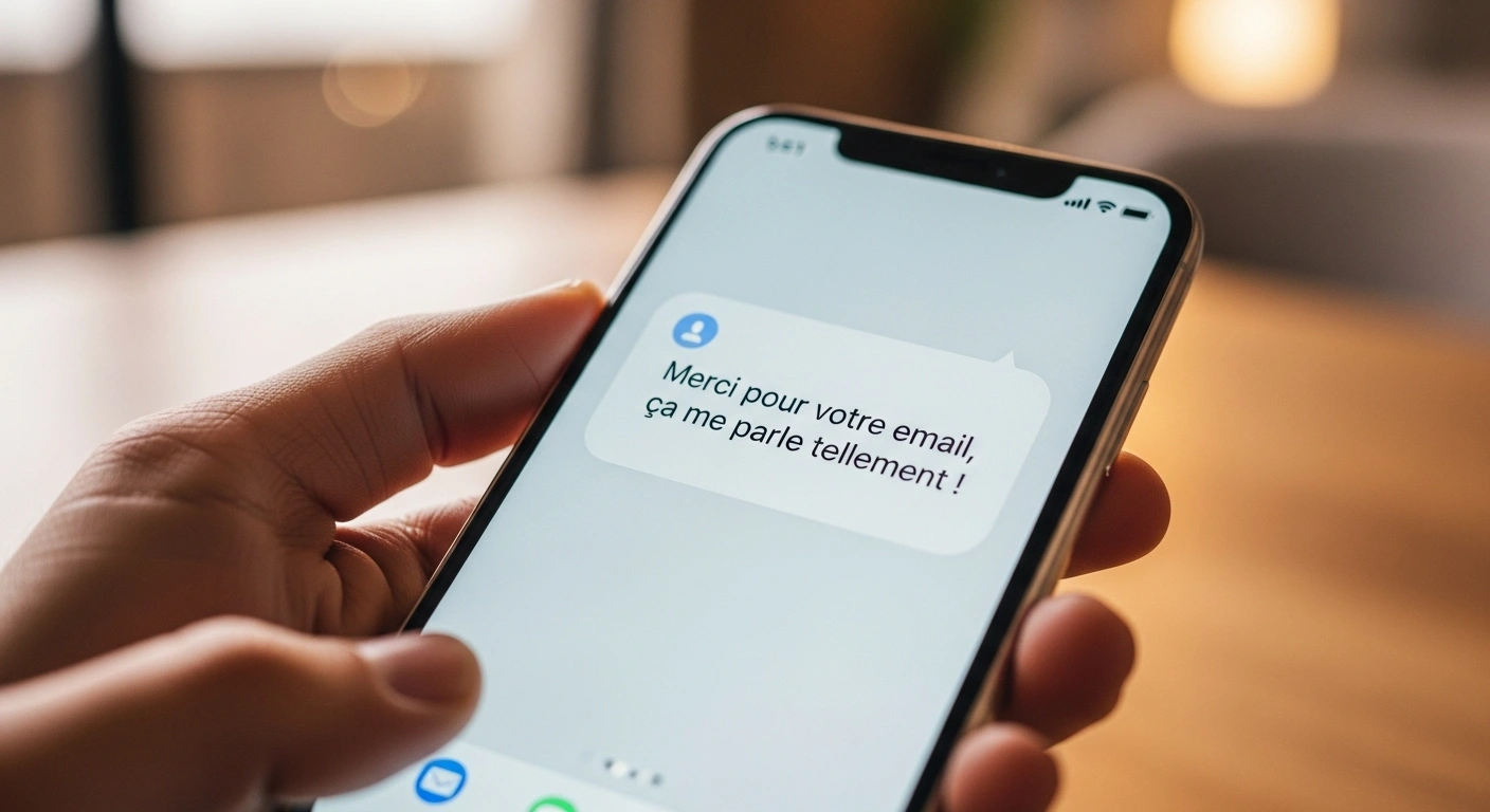 Smartphone affichant une notification de réponse à un email, symbolisant la connexion et l'engagement
