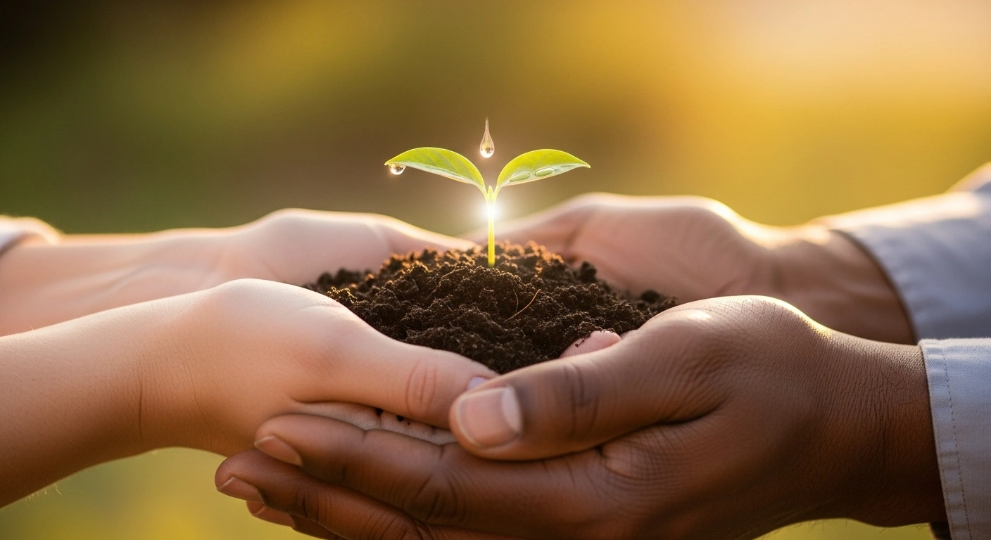 Main arrosant une petite plante qui pousse, symbolisant la croissance post-lancement