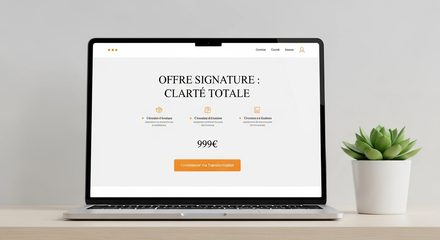 Maquette d'une offre signature claire et 'produitisée' sur un site web, facile à comprendre.