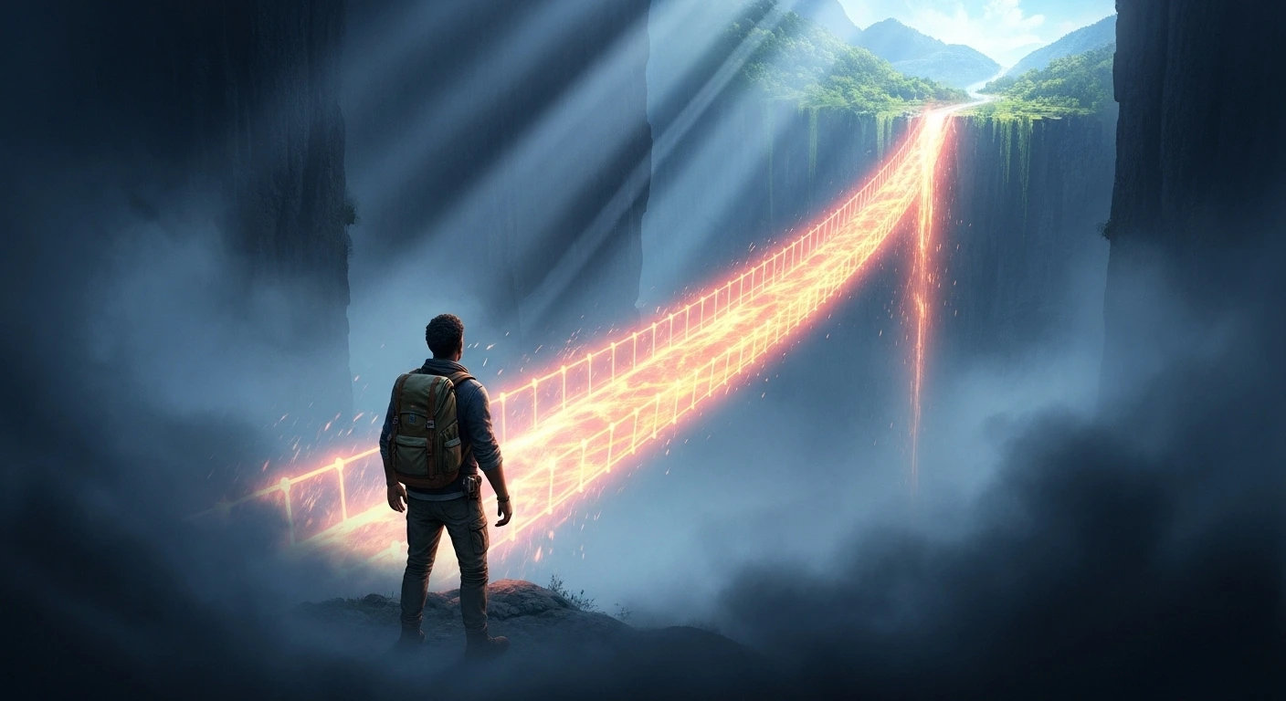 Un pont se construisant entre deux falaises, symbolisant la transformation