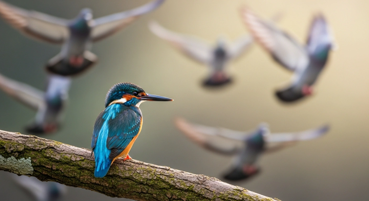Un oiseau unique et coloré se démarquant au milieu d'une volée d'oiseaux gris et identiques.