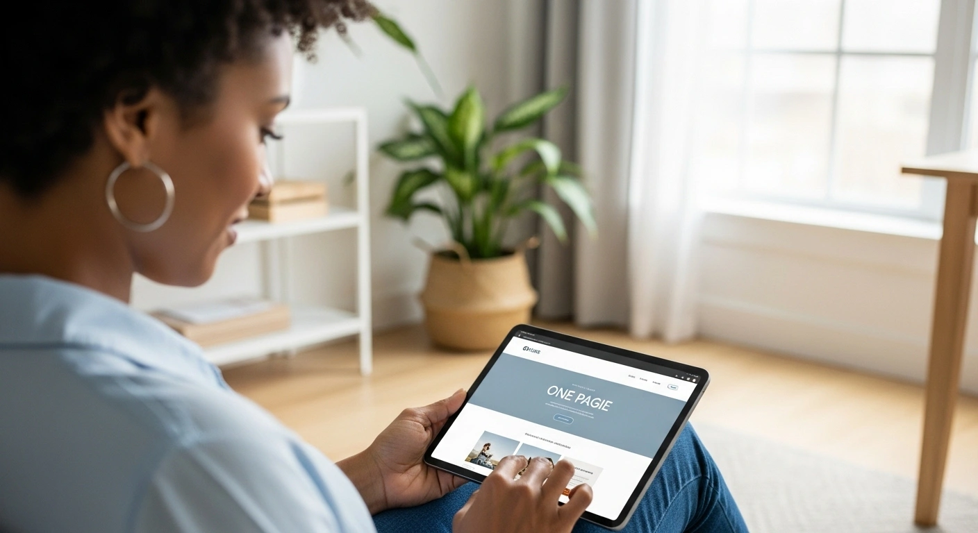 Site web one-page élégant sur un ordinateur portable, symbolisant la clarté