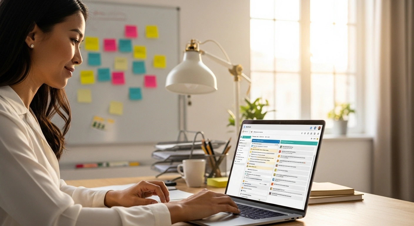 Espace de travail organisé avec un ordinateur portable affichant Notion et Trello.