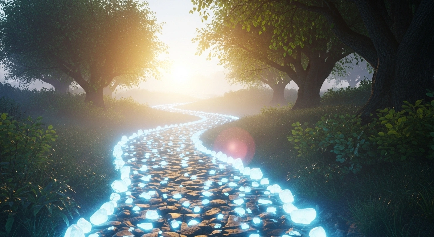 Série de pas menant vers un objectif lumineux, symbolisant un parcours de transformation.